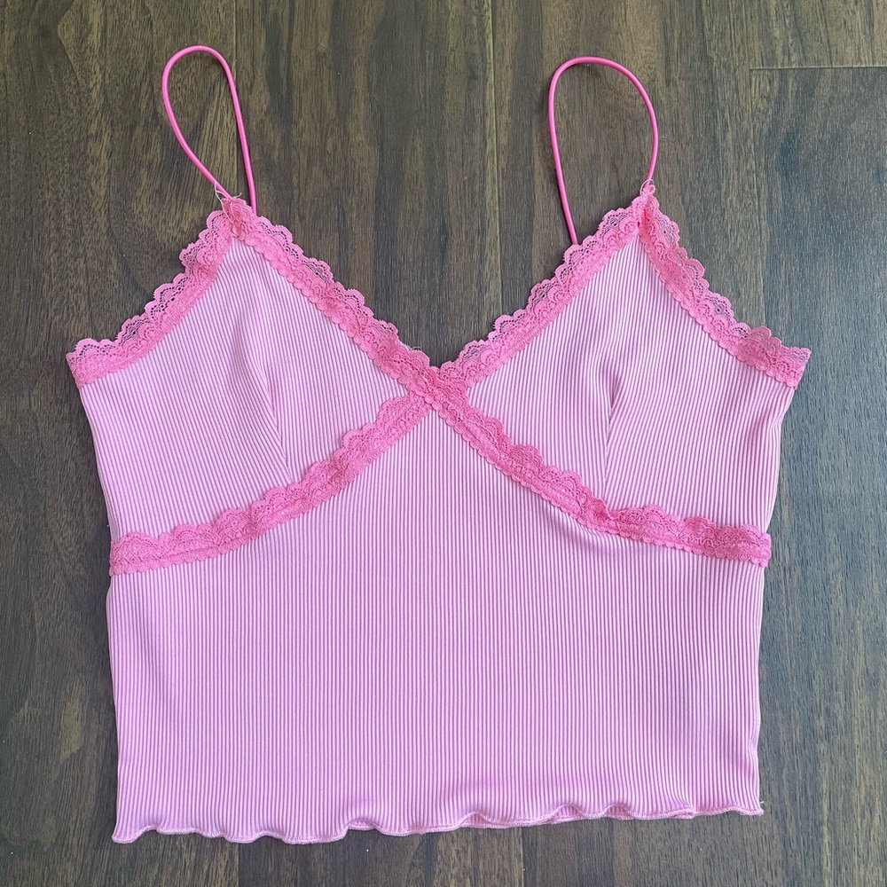 Pink Lace Trim Cami Top-Cotton blend